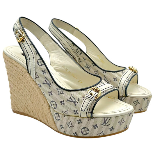 Louis Vuitton Navy Blue Striped Slingback Wedge Heels