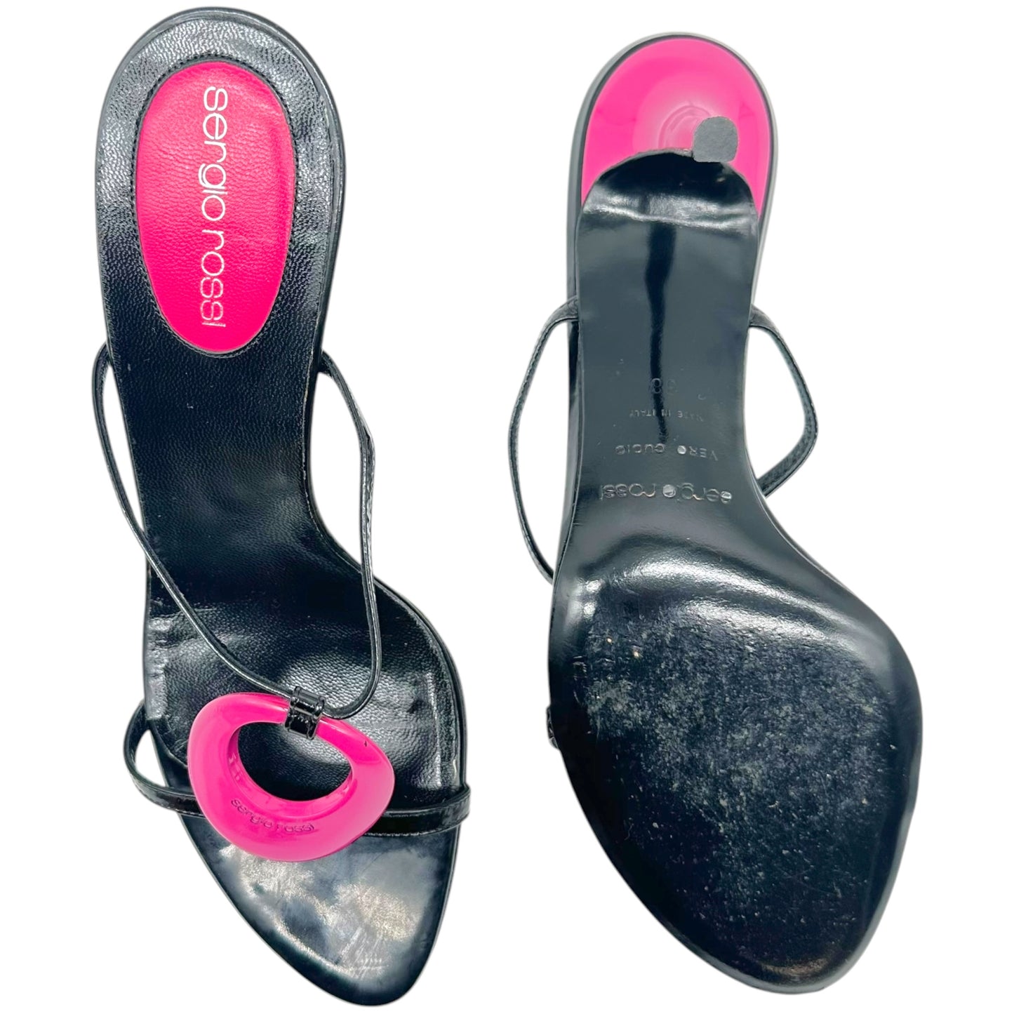 Sergio Rossi Black Patent Leather Pink Logo Heeled Mules
