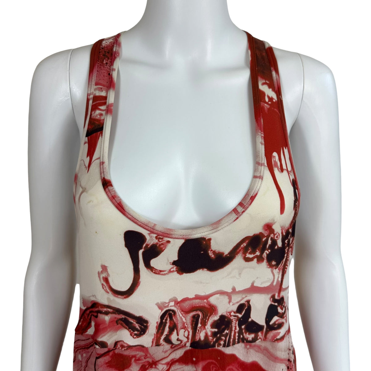 Jean Paul Gaultier Soleil Red & White Swirl Patterned Mesh Maxi Dress