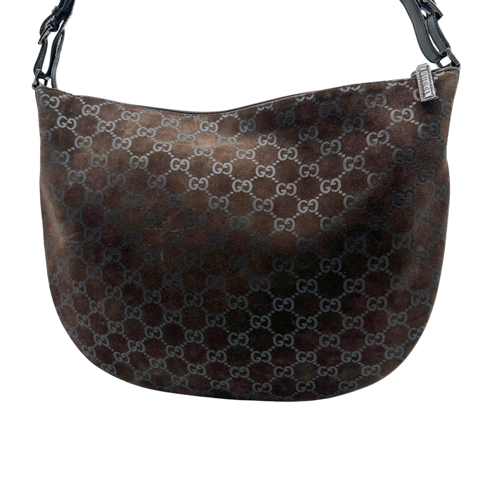 Gucci Brown Suede Monogram Crescent Hobo Bag