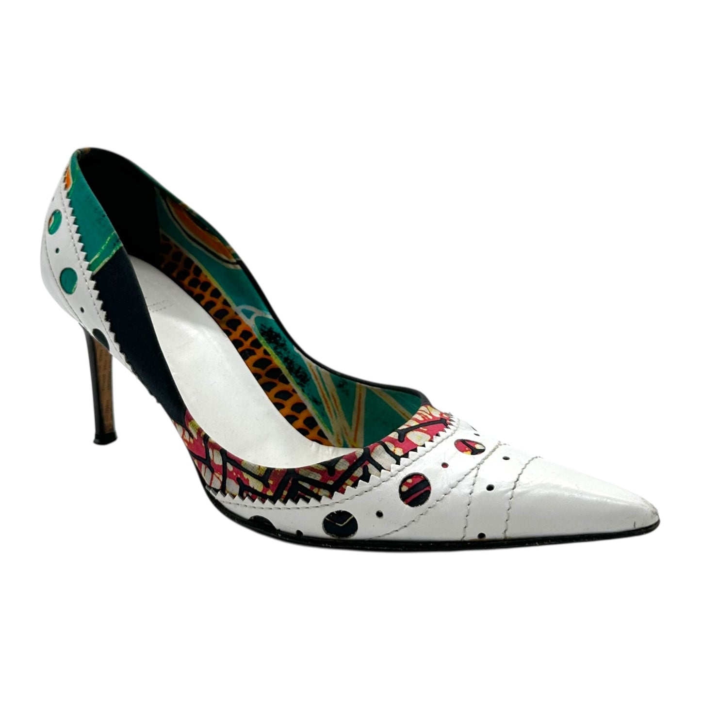 John Galliano Printed Silk & White Leather Pointed Heels