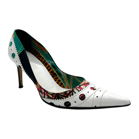John Galliano Printed Silk & White Leather Pointed Heels