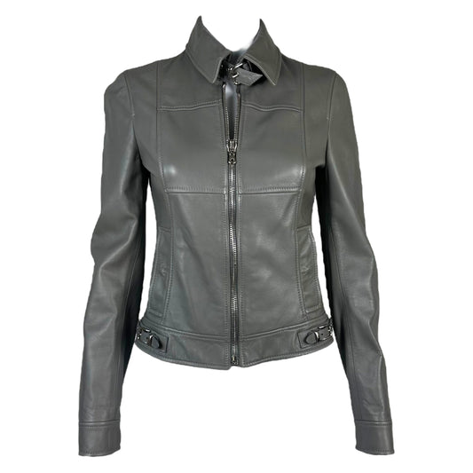 Dolce & Gabbana Gray Leather Jacket w/ Logo Charms