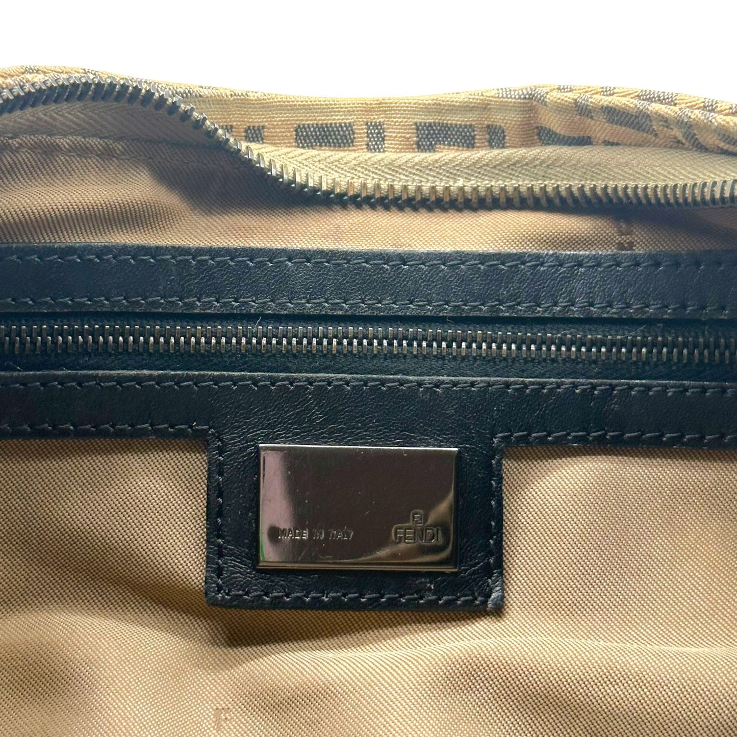 Fendi Crescent Baguette Bag Beige Black Zucchino Monogram
