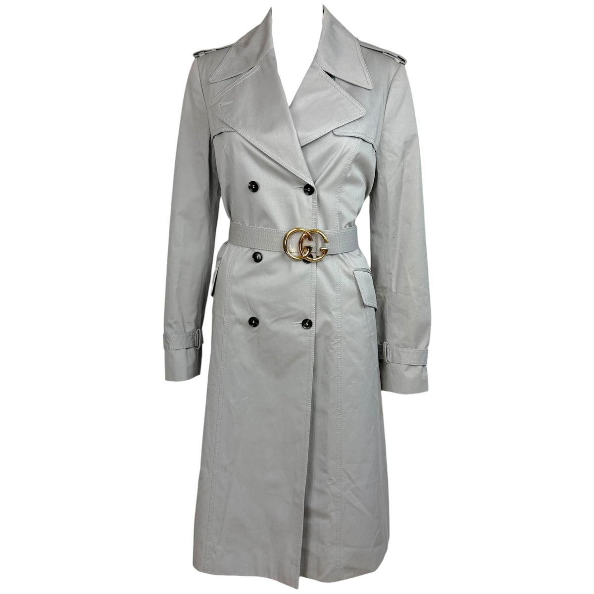 Gucci Light Gray Trench Coat with Gold GG Logo Belt