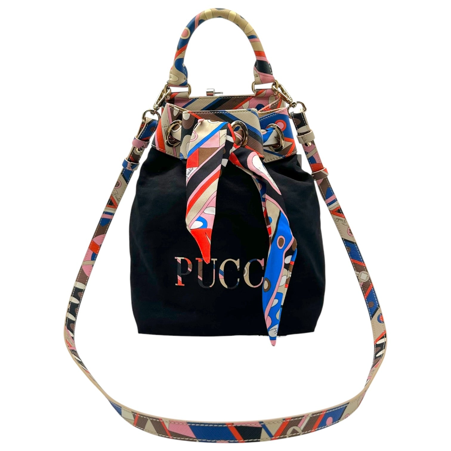 Emilio Pucci Black Multicolor Printed Logo Bucket Bag