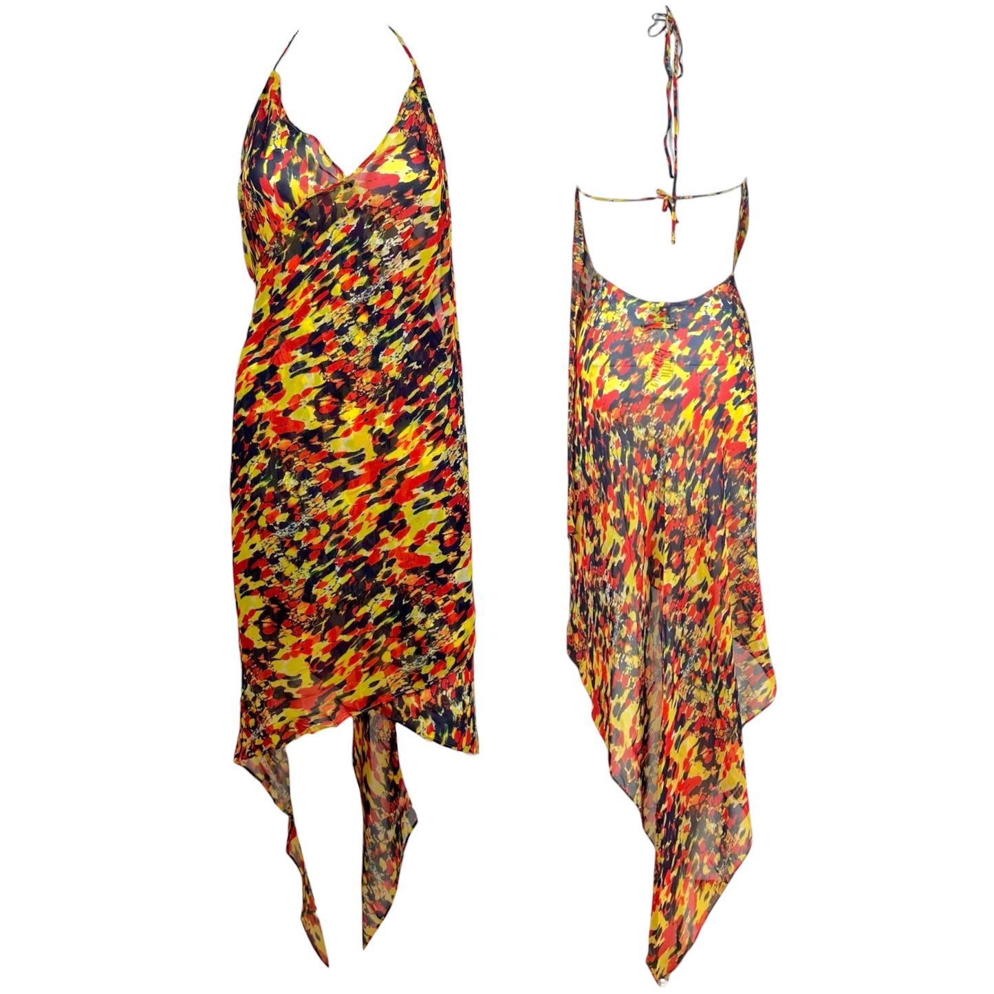 Jean Paul Gaultier Red Blue & Yellow Sheer Open Back Wrap Dress