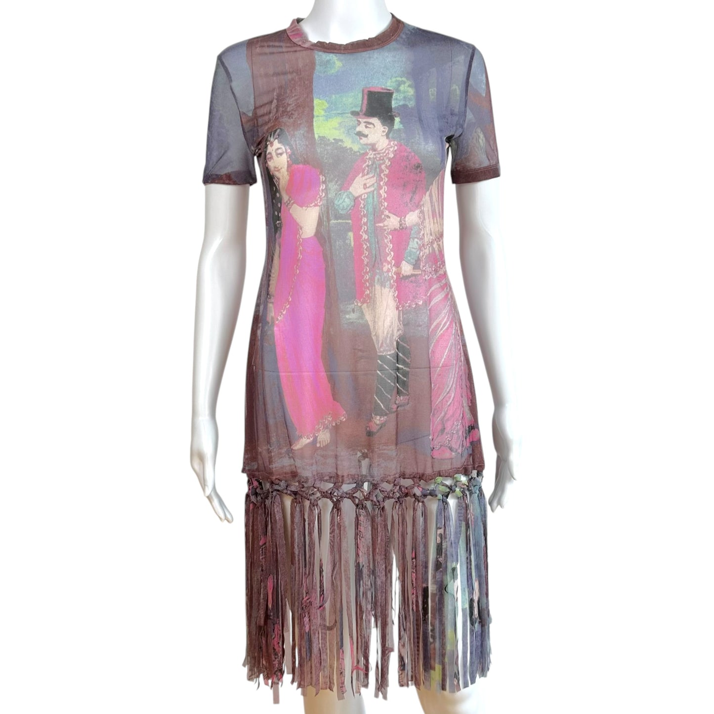 Jean Paul Gaultier Purple Multicolor People Print Fringe Trim Mesh Mini Dress