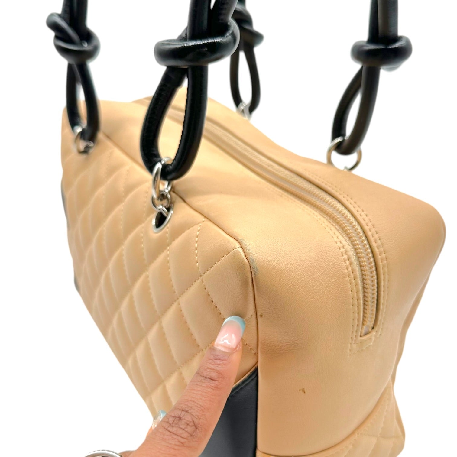 Chanel Bowler Bag Beige Black Matelasse Leather