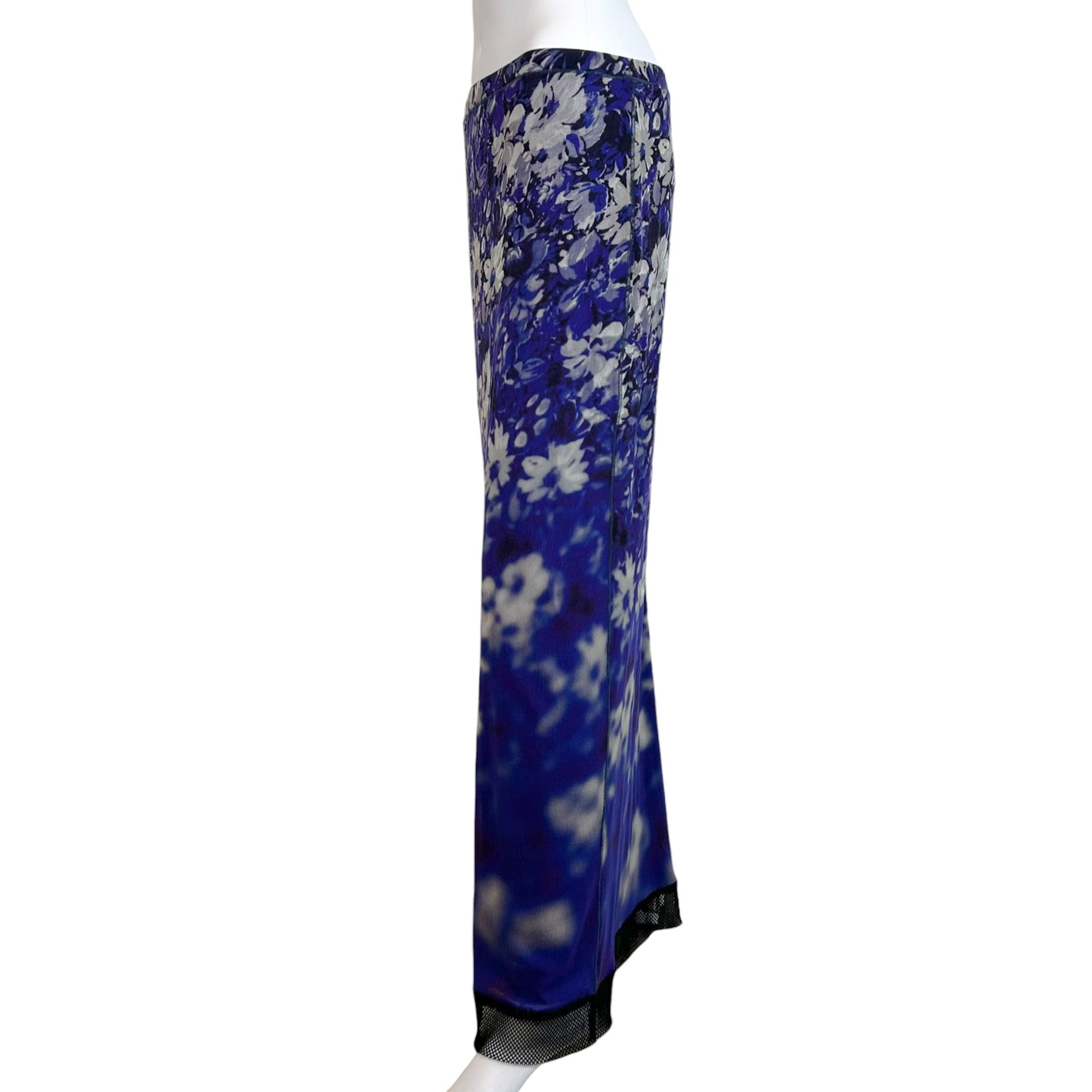 Jean Paul Gaultier Soleil Blue & Black Floral Print Mesh Maxi Skirt