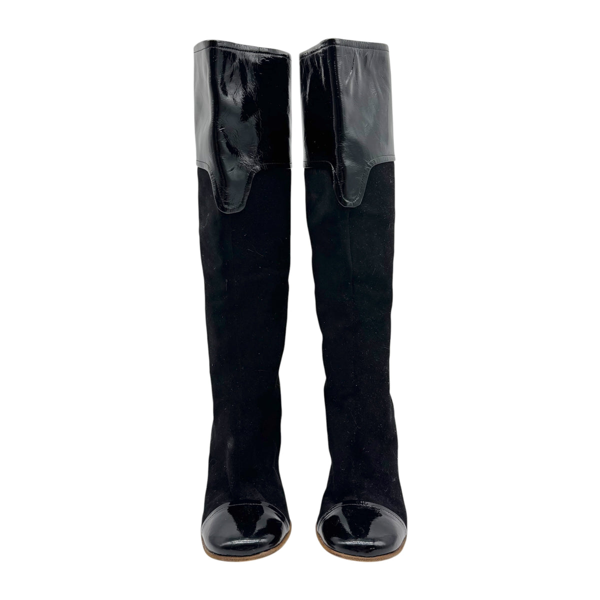 D&G Dolce & Gabbana Black Suede & Patent Leather Rounded Toe Heeled Boots