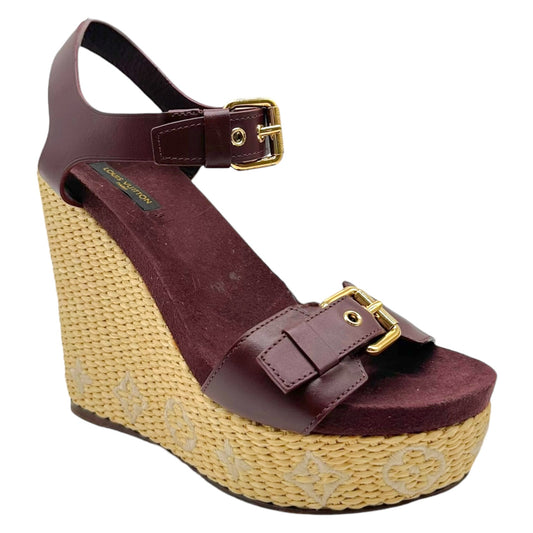 Louis Vuitton Raffia Logo & Burgundy Leather Platform Wedge Sandals - Outfit Repeater