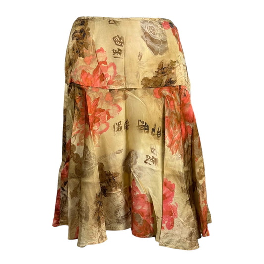 Galliano Ivory Silk Floral & Kanji Print Midi Skirt