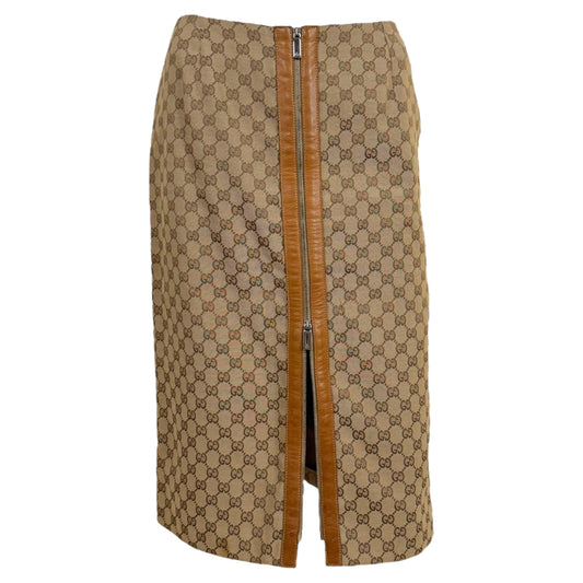 Gucci by Tom Ford 2000 Tan Monogram Canvas & Leather Zip-Up Midi Skirt - Outfit Repeater
