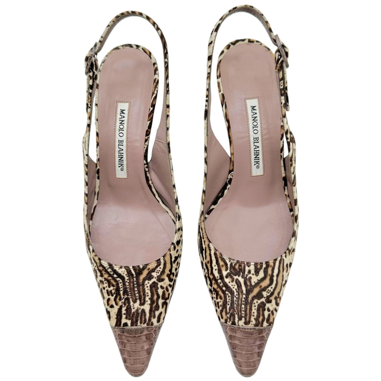 Manolo Blahnik Leopard Print Ponyhair & Snakeskin Slingback Heels