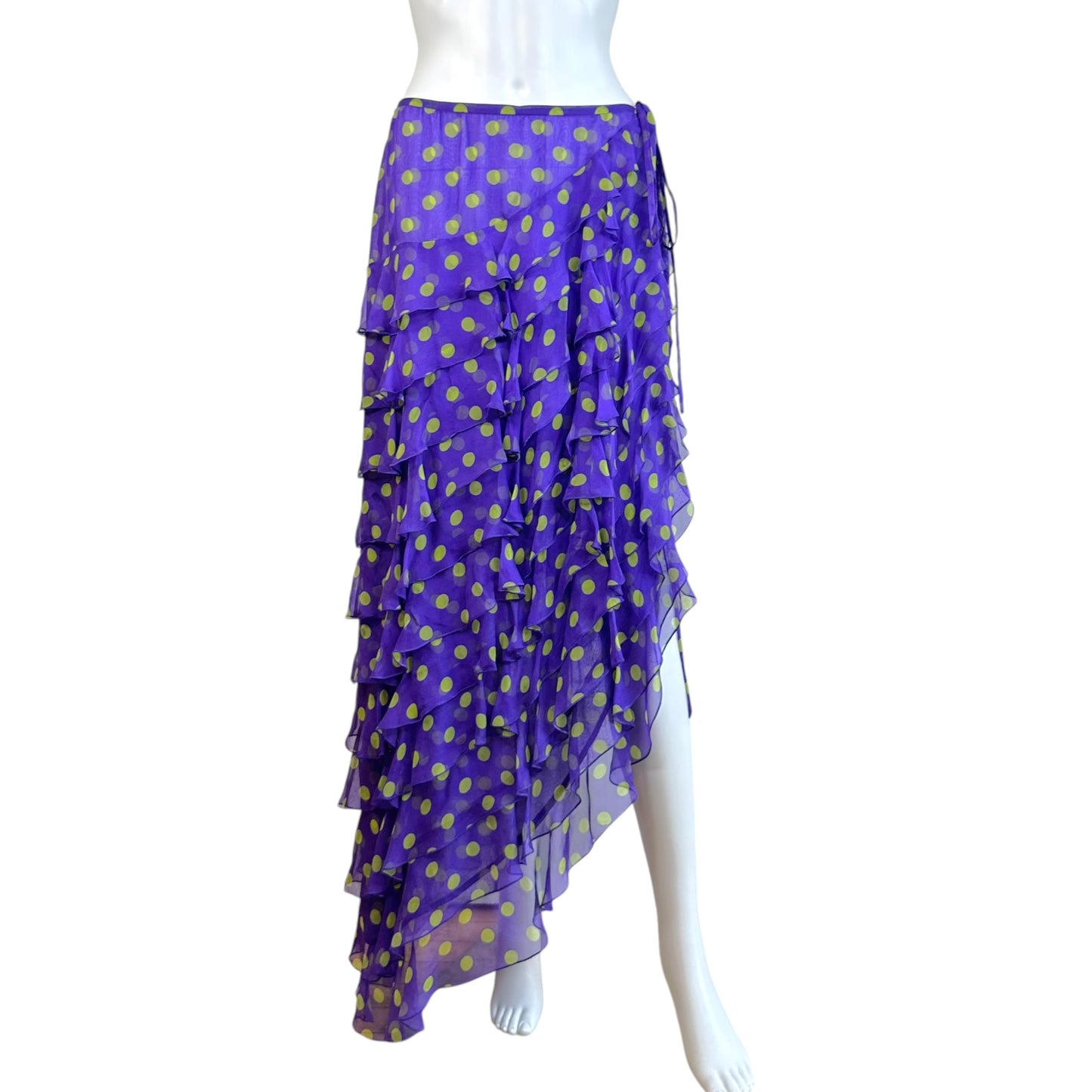 Emanuel Ungaro Silk Wrap Maxi Skirt Purple Green Polka Dot