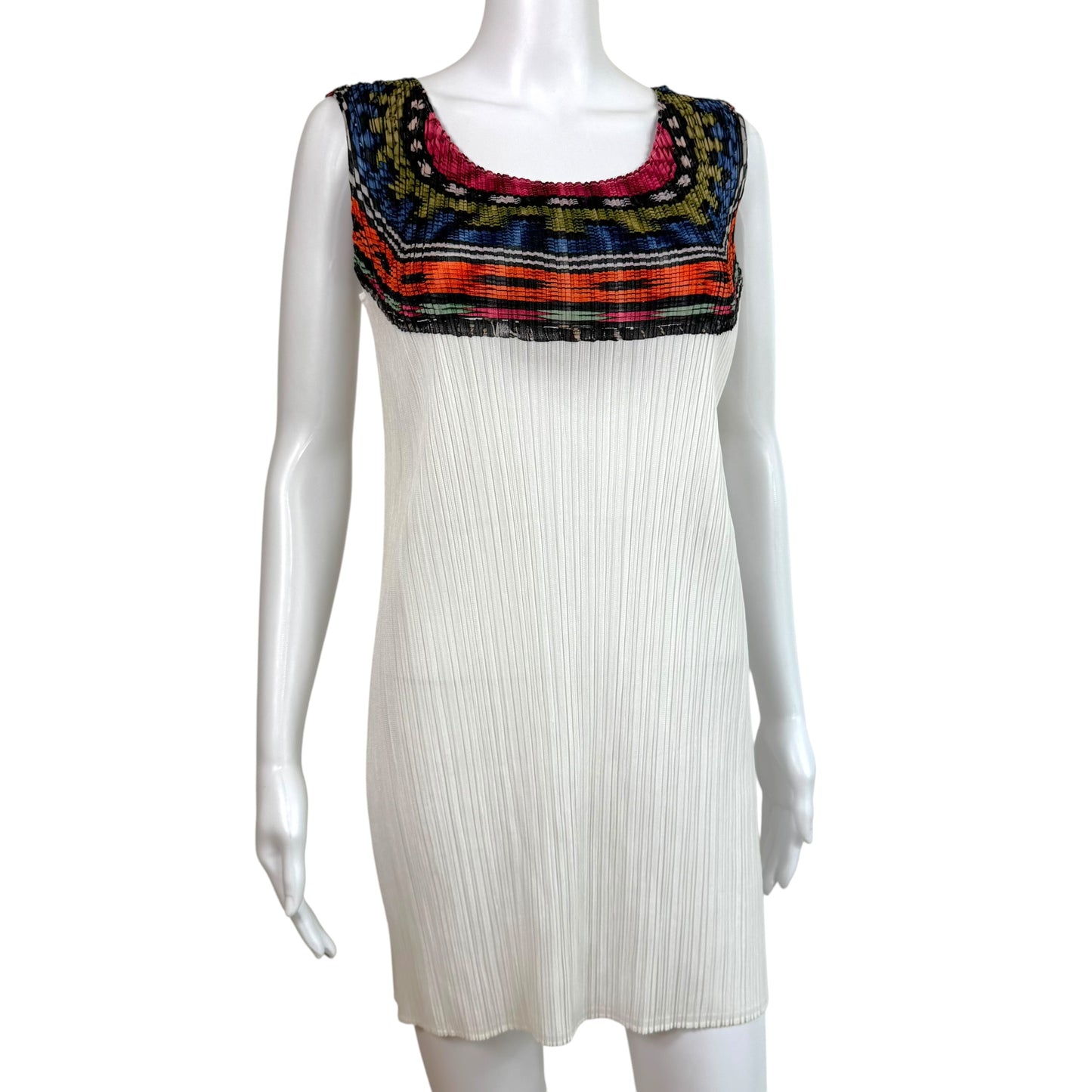 Issey Miyake Pleats Please Multicolor Patterned Neckline White Pleated Mini Dress Sz 3