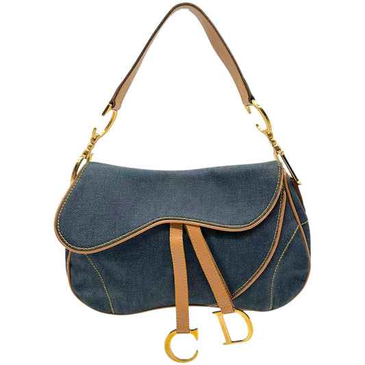 Christian Dior Denim Tan Leather Double Saddle Bag