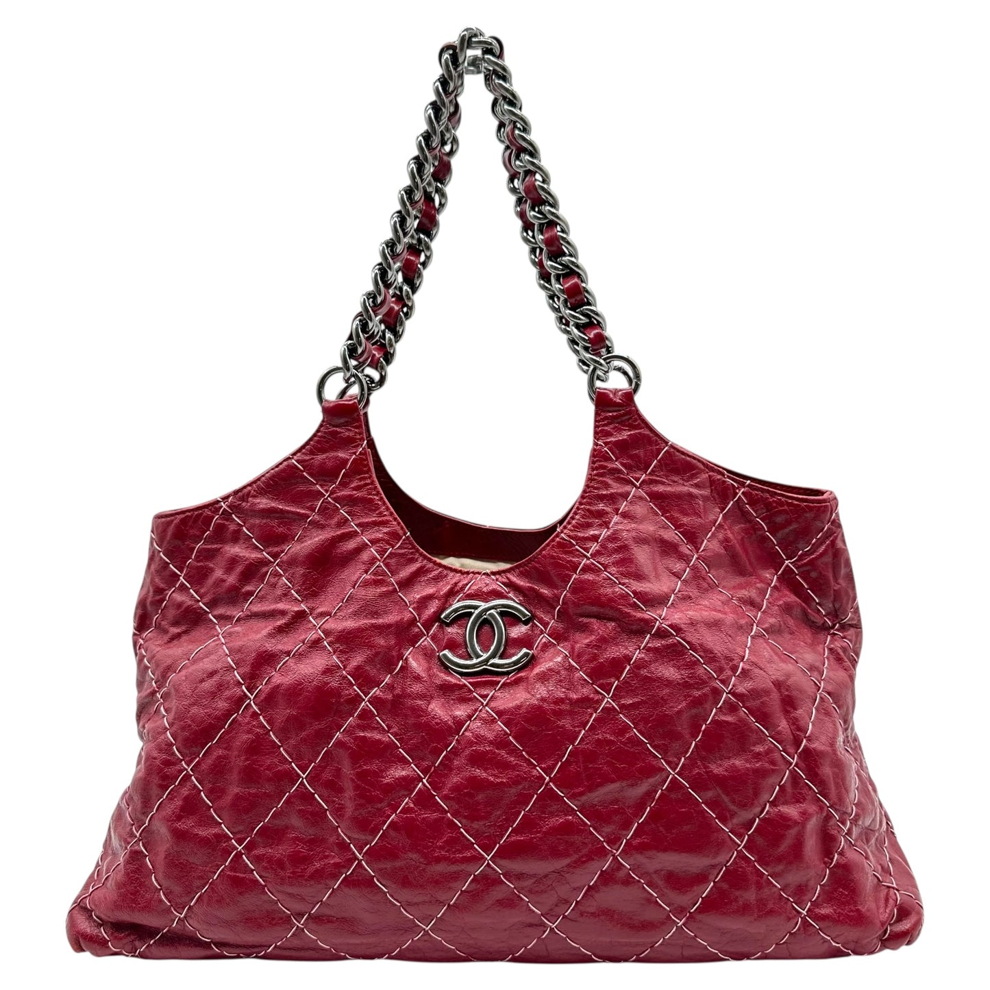 Chanel Red Goatskin Contrast Stitch Hobo Bag
