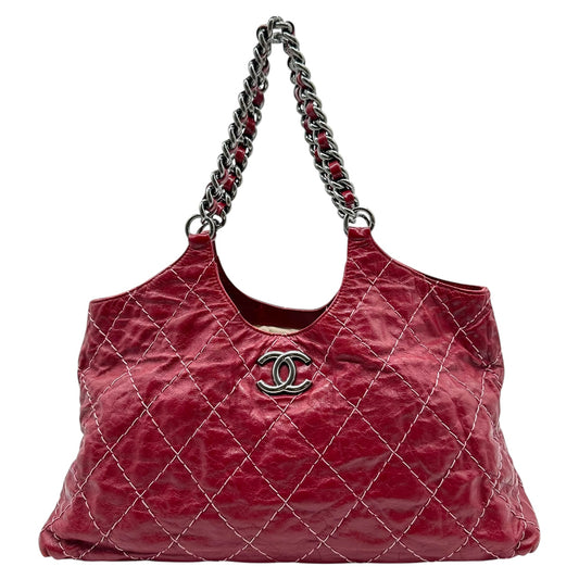 Chanel Red Goatskin Contrast Stitch Hobo Bag