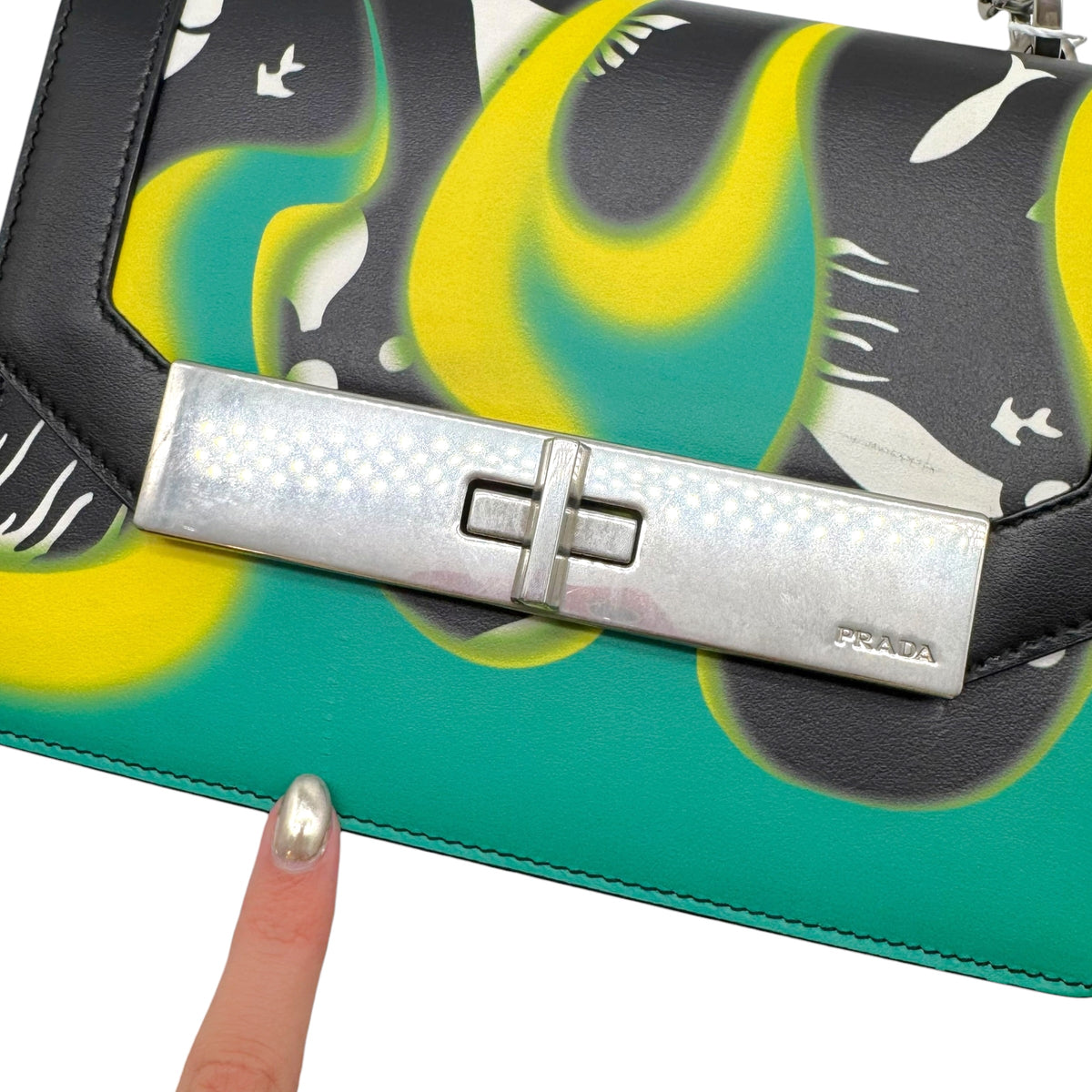 Prada Shoulder Bag Green Yellow Flame Print Leather