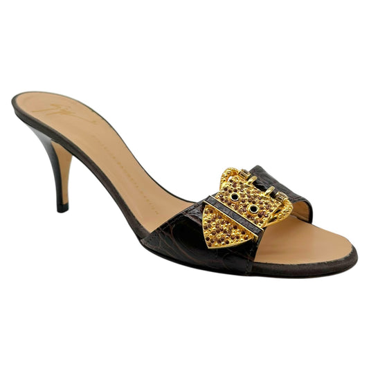 Giuseppi Zanotti Brown Croc Embossed Embellished Gold Buckle Heel