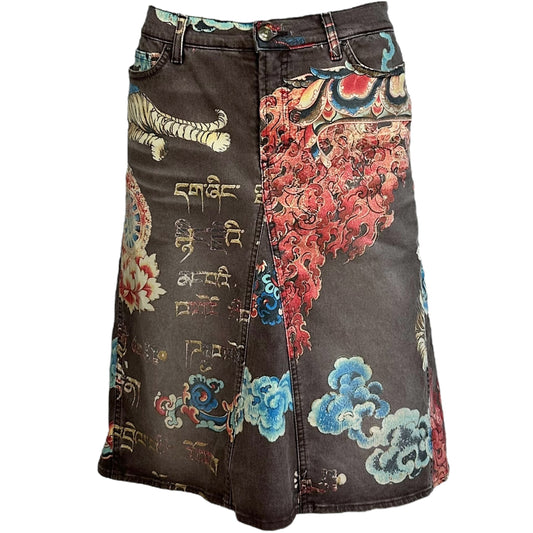 Just Cavalli Roberto Cavalli Asian Inspired Printed Denim Midi Skirt