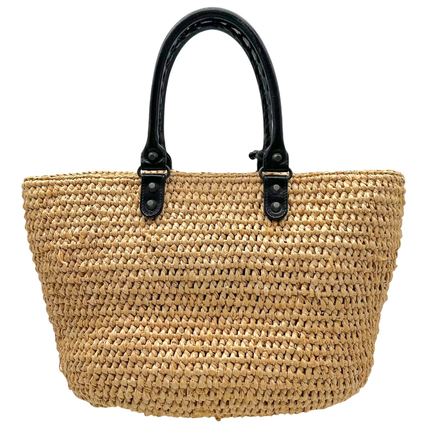 Balenciaga Beach Tote Bag Raffia Black Leather