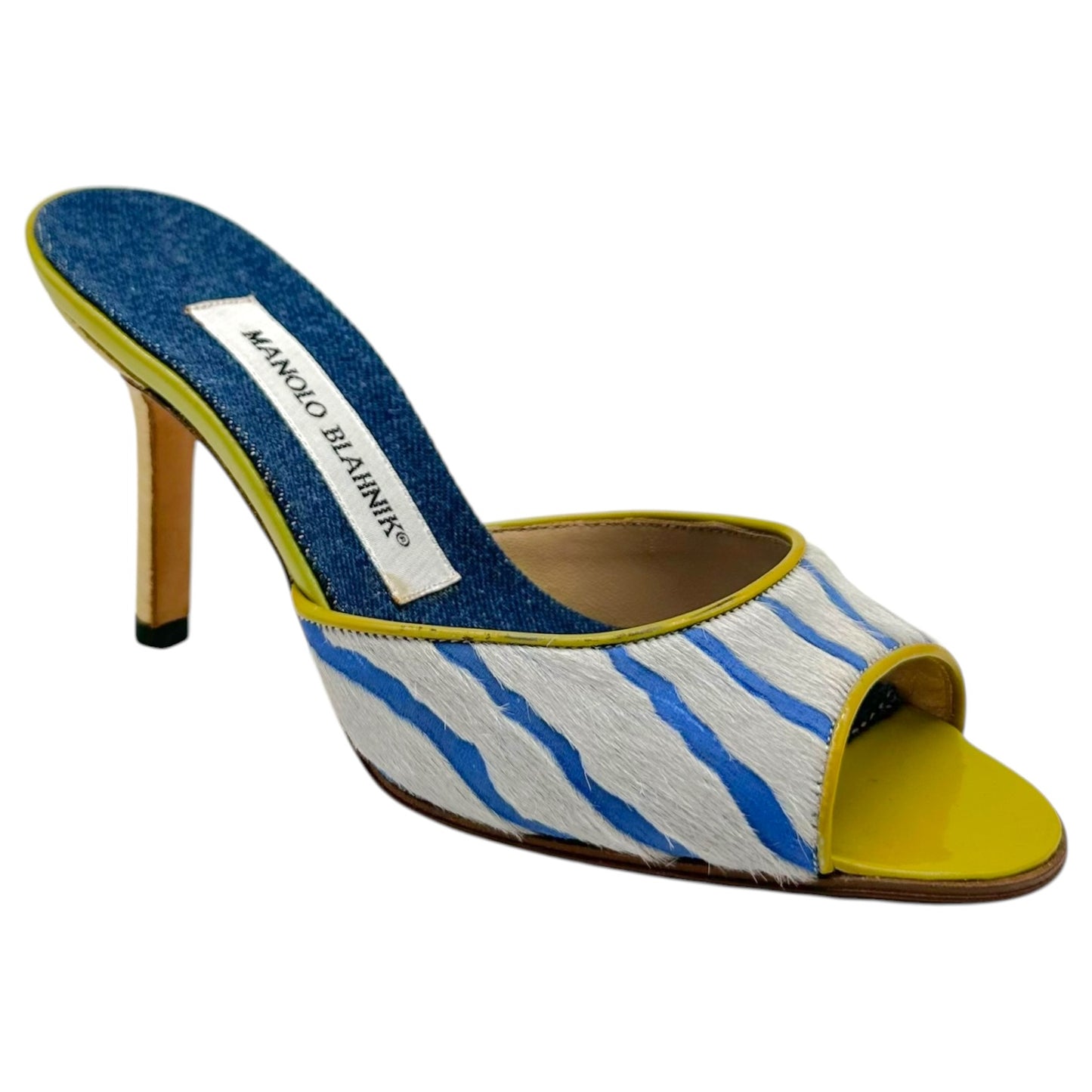 Manolo Blahnik Blue & Green Zebra Print Ponyhair Mule Heels