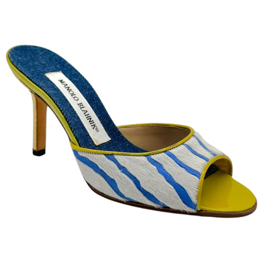 Manolo Blahnik Blue & Green Zebra Print Ponyhair Mule Heels
