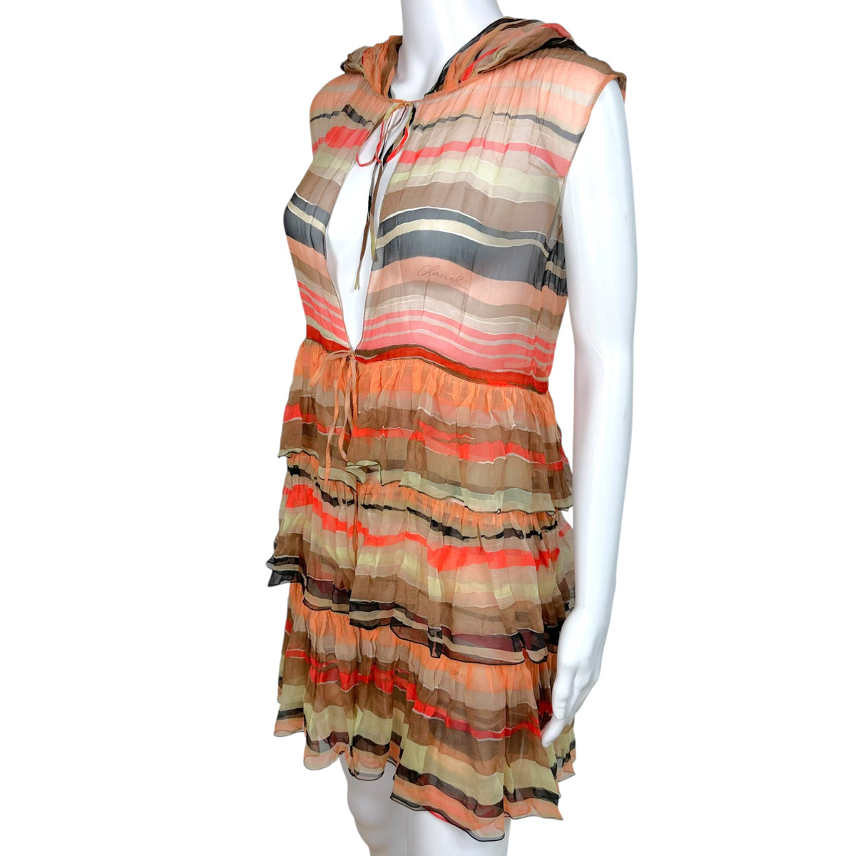 Chanel Spring 2001 Coral Striped Tiered Silk Hooded Mid-Length Vest Top