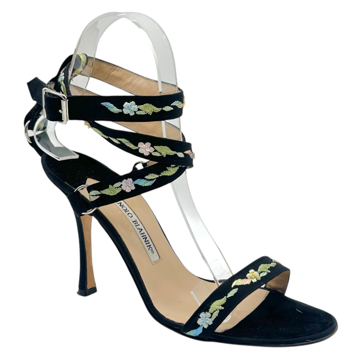 Manolo Blahnik Black Floral Embroidered Ankle Wrap Sandals