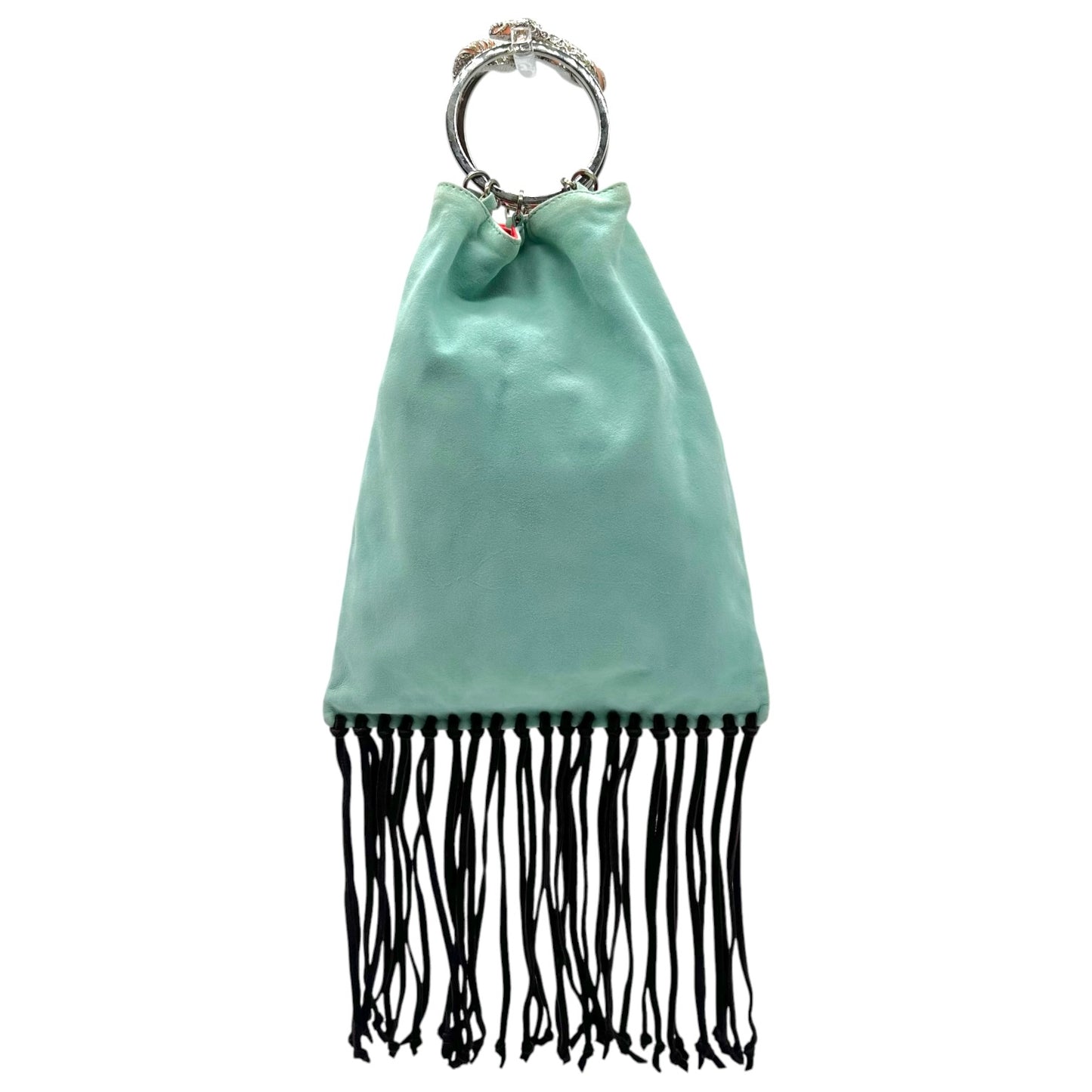 Valentino Garavani Turquoise & Brown Suede Fringe Trim Bracelet Handle Clutch Bag