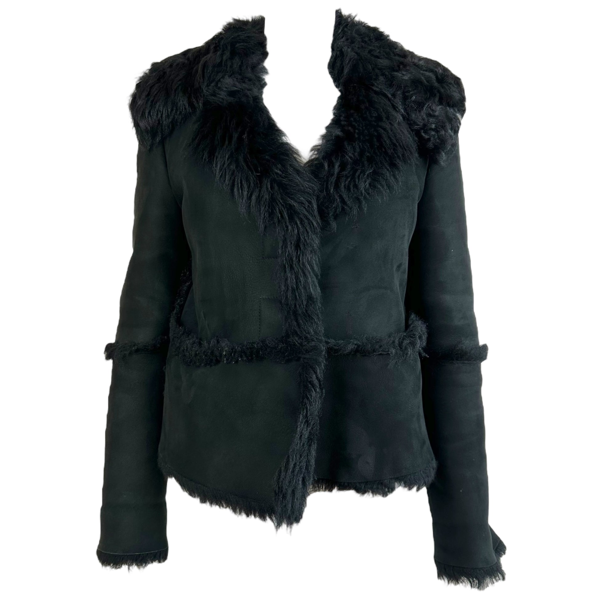 Gucci Black Shearling Coat Fitted Asymmetrical Closure