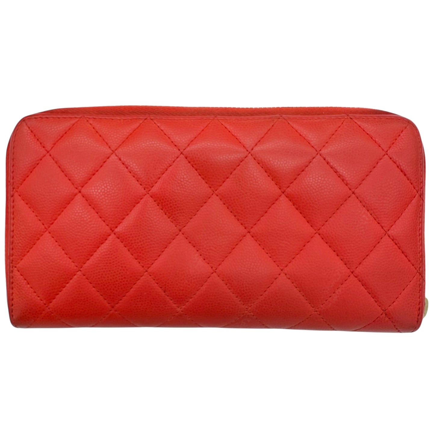 Chanel Coral Red Quilted Caviar Zip Long Wallet