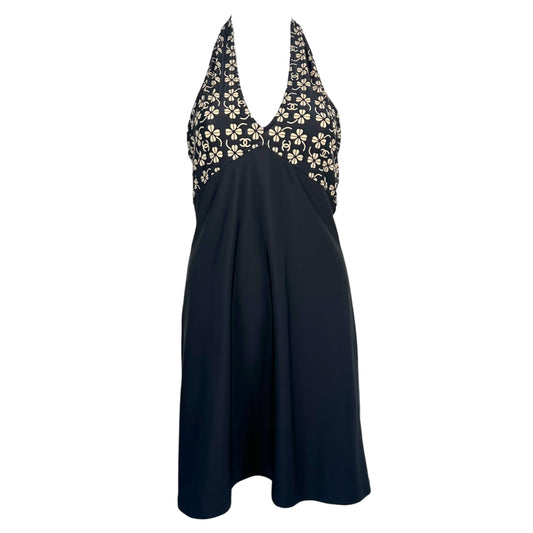 Chanel Spring 2001 Navy Blue & Ivory Clover & Logo Print Mini Halter Dress