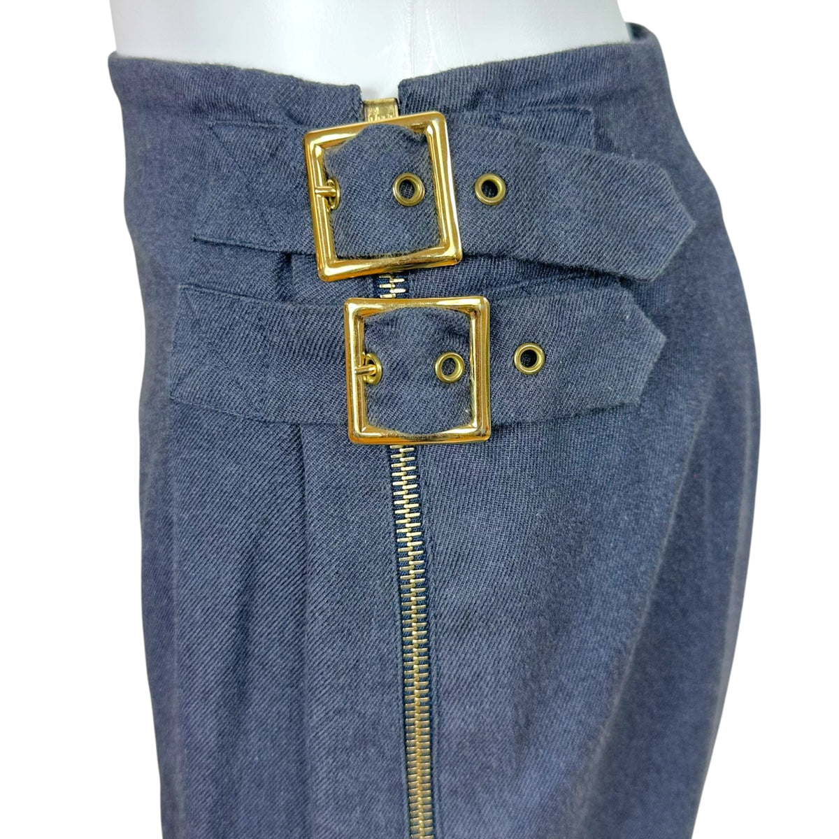 Christian Dior Dark Denim Midi Skirt With Gold Buckle