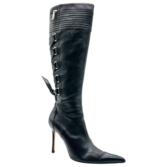 Versace Black Leather Corset Lace Up Heeled Boots