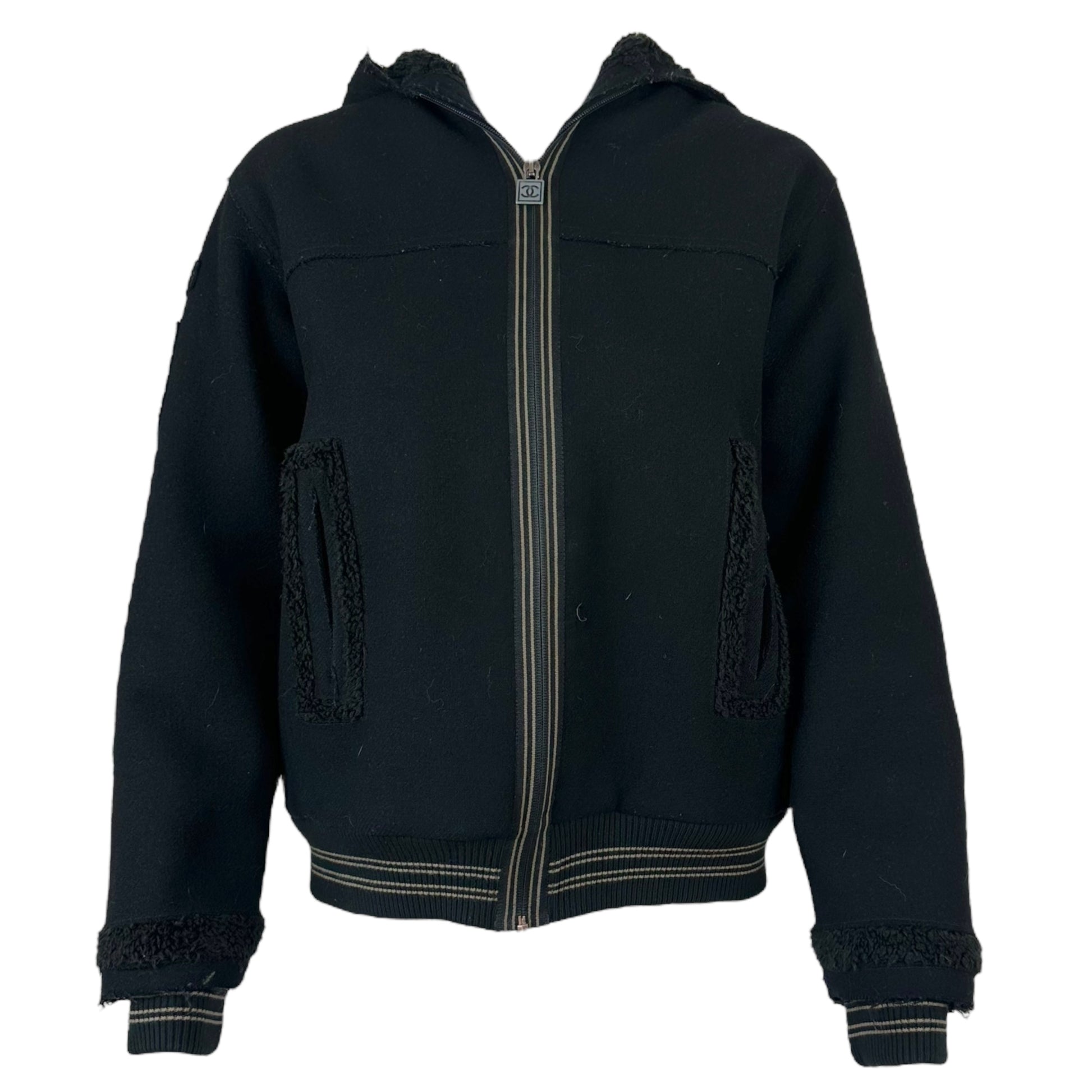 Chanel Sport Autumn 2005 Black Sherpa & Wool Hooded Bomber Jacket - Outfit Repeater