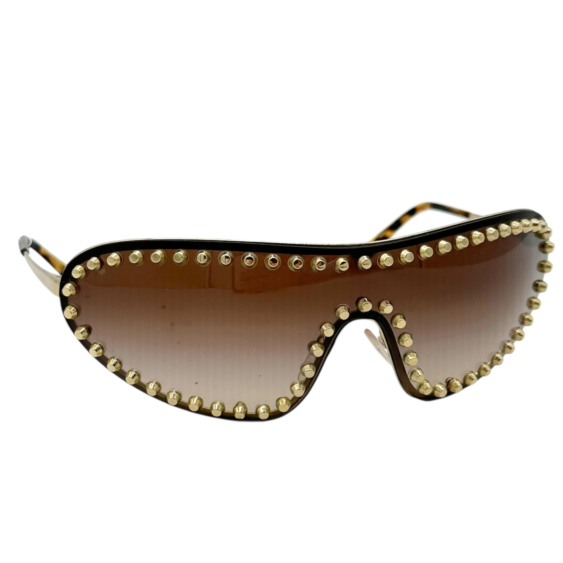 Prada Brown & Gold Studded Shield Sunglasses - Outfit Repeater