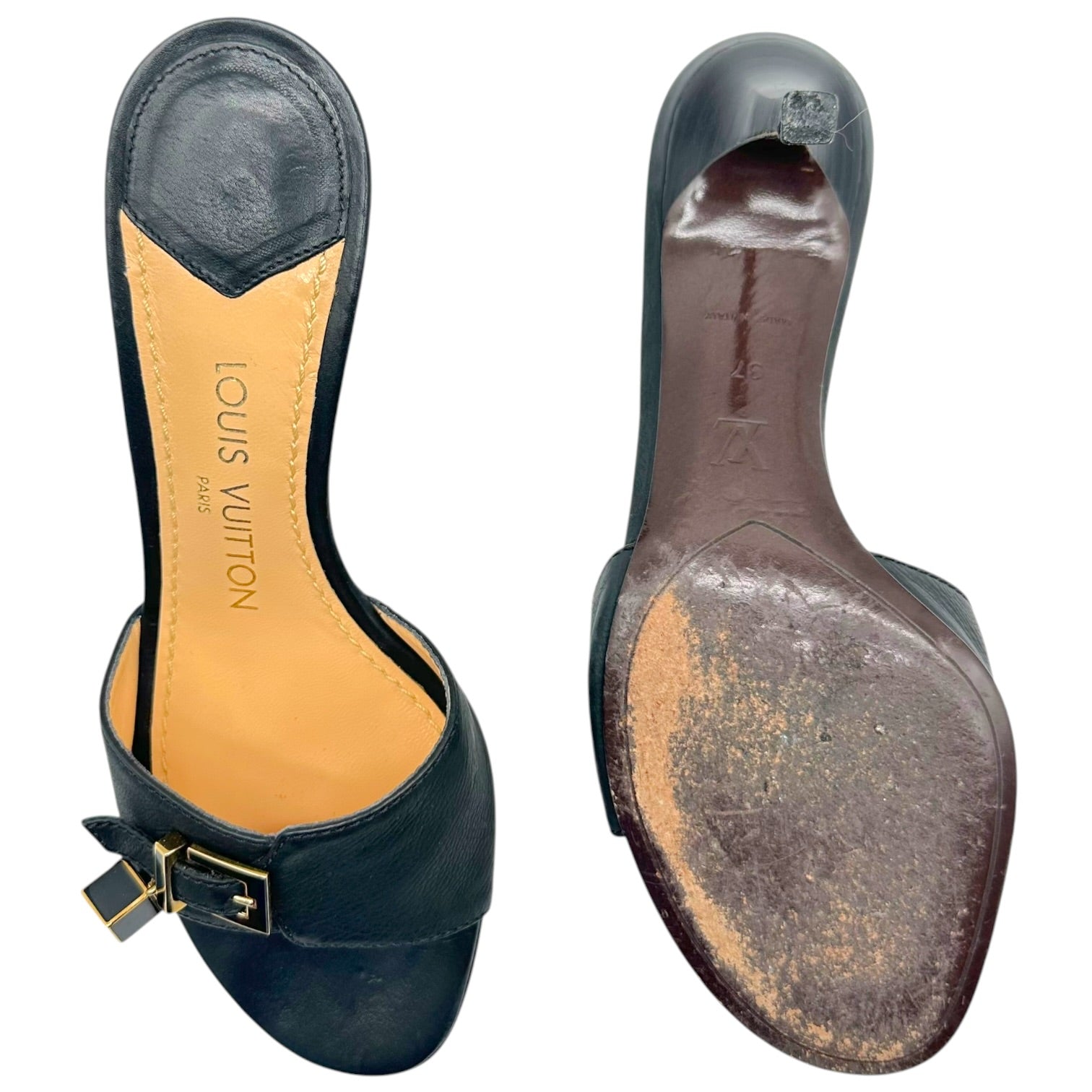 Louis Vuitton Black Leather Gold Logo Charm Kitten Heel Mules