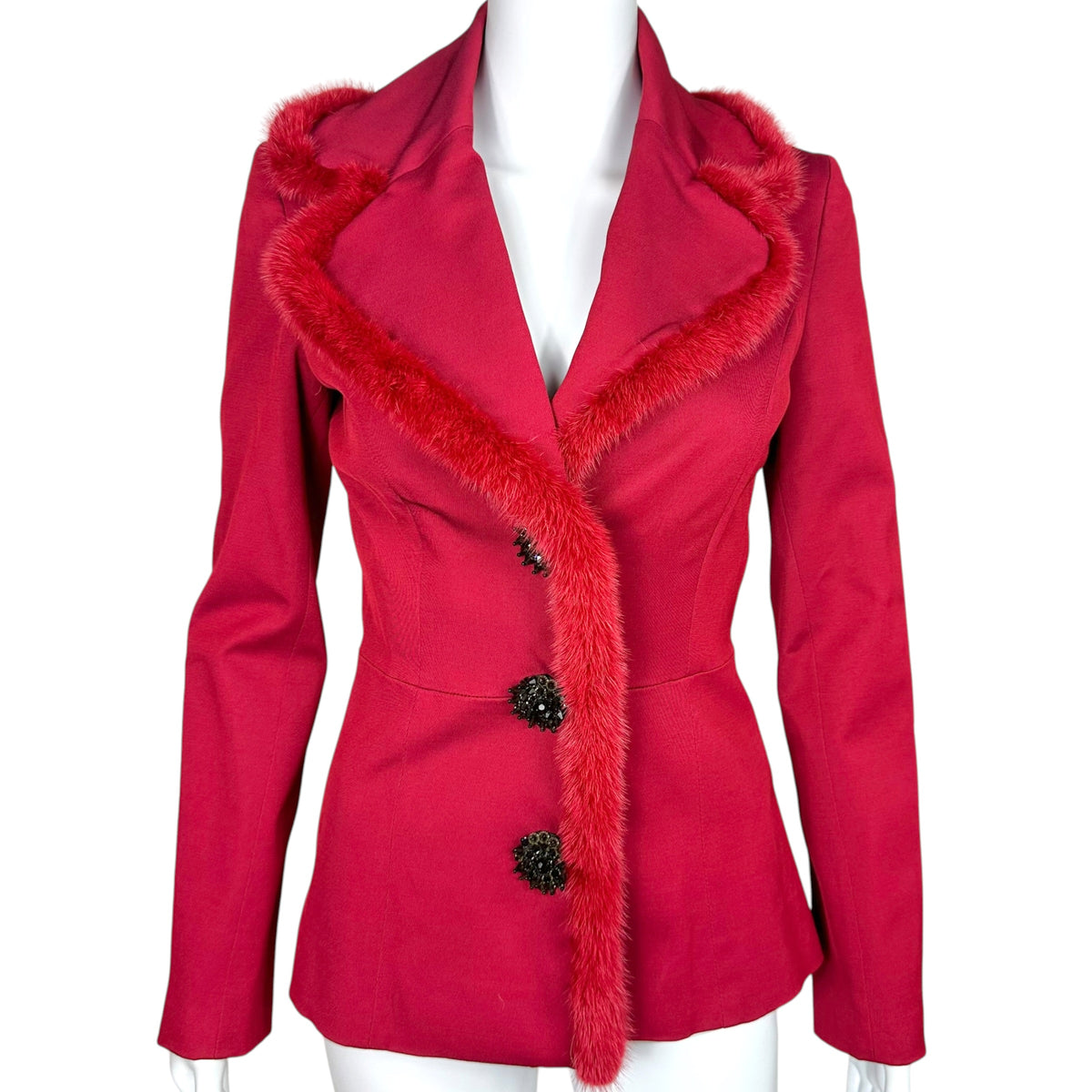 Blumarine Red Mini Jacket Fur Trim Crystal Buttons