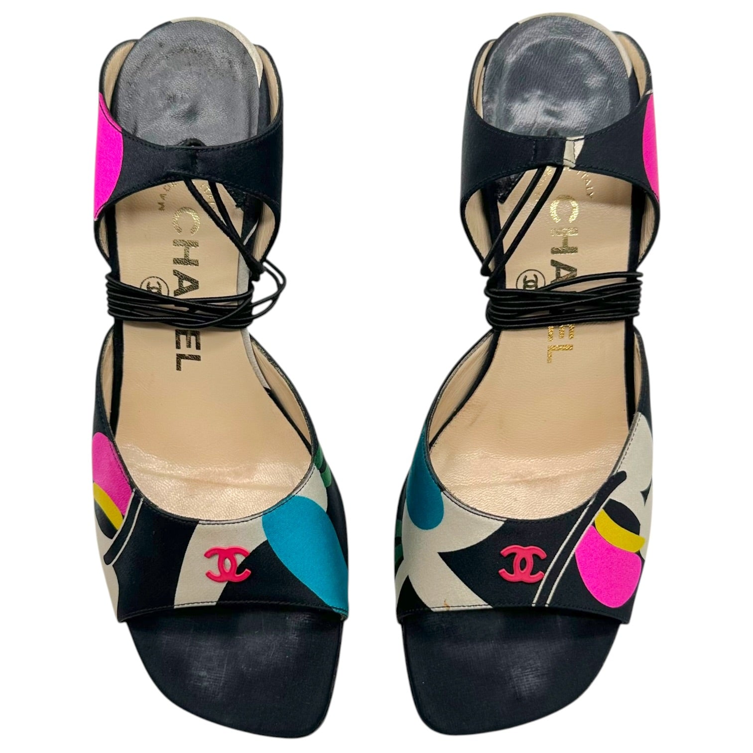 Chanel Multicolor Printed Silk Wrap Sandal Heels