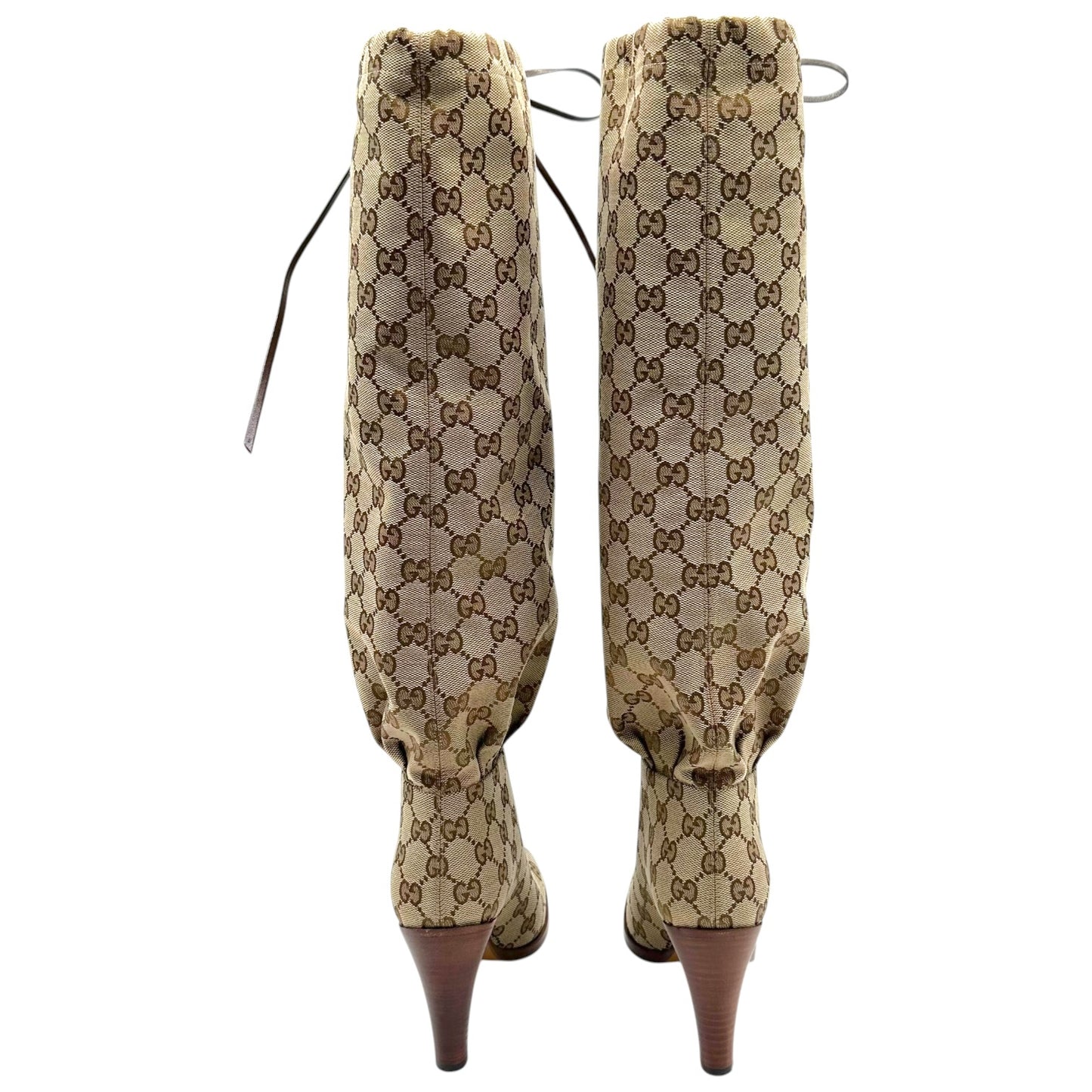 Gucci Tan Monogram Knee High Heeled Boots