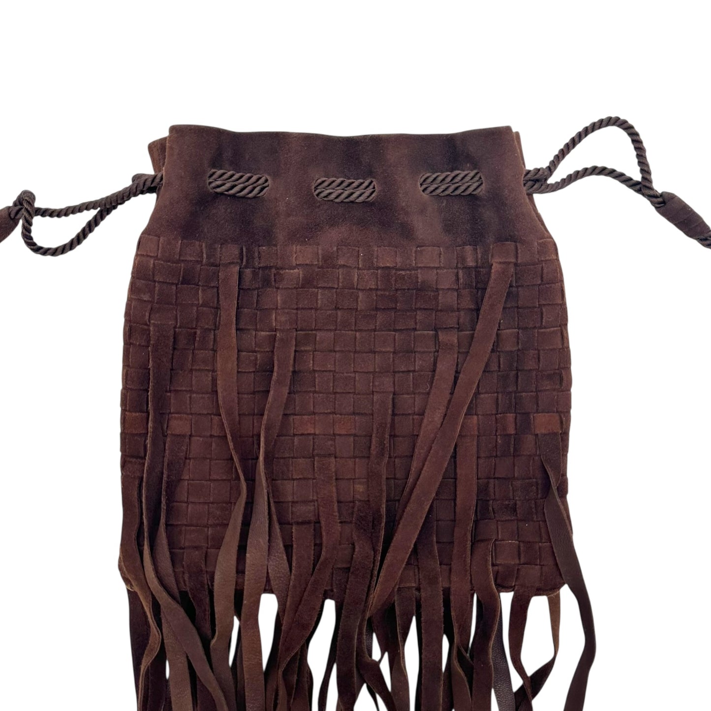 Bottega Veneta Brown Intrecciato Woven Suede Fringe Trim Clutch