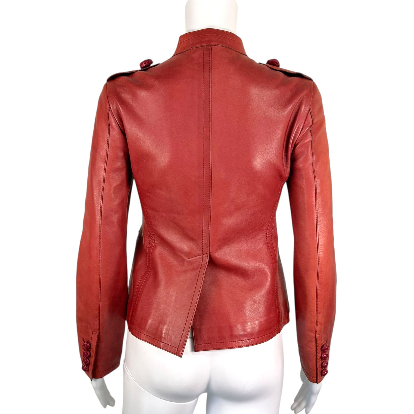 Gucci Burgundy Lambskin Leather Military Style Jacket