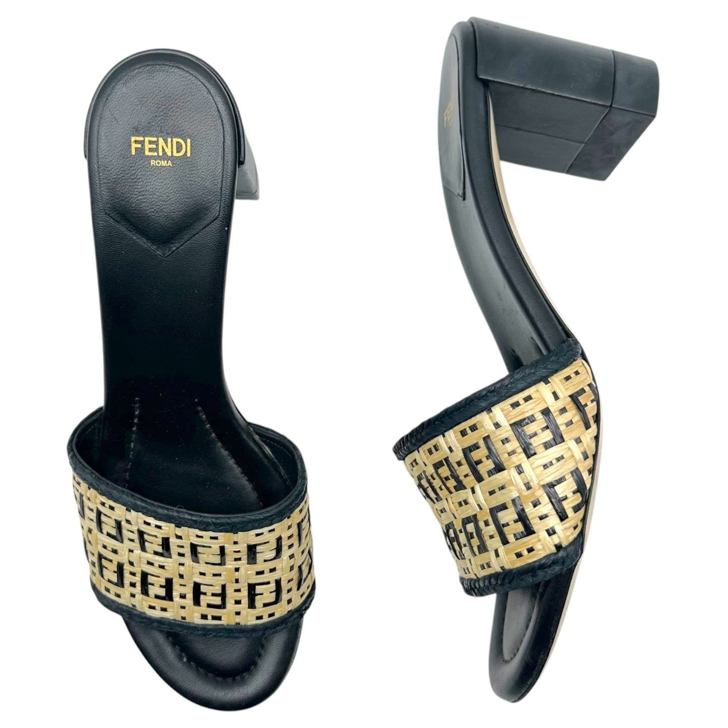 Fendi Raffia Monogram Block Heel Mule Sandals