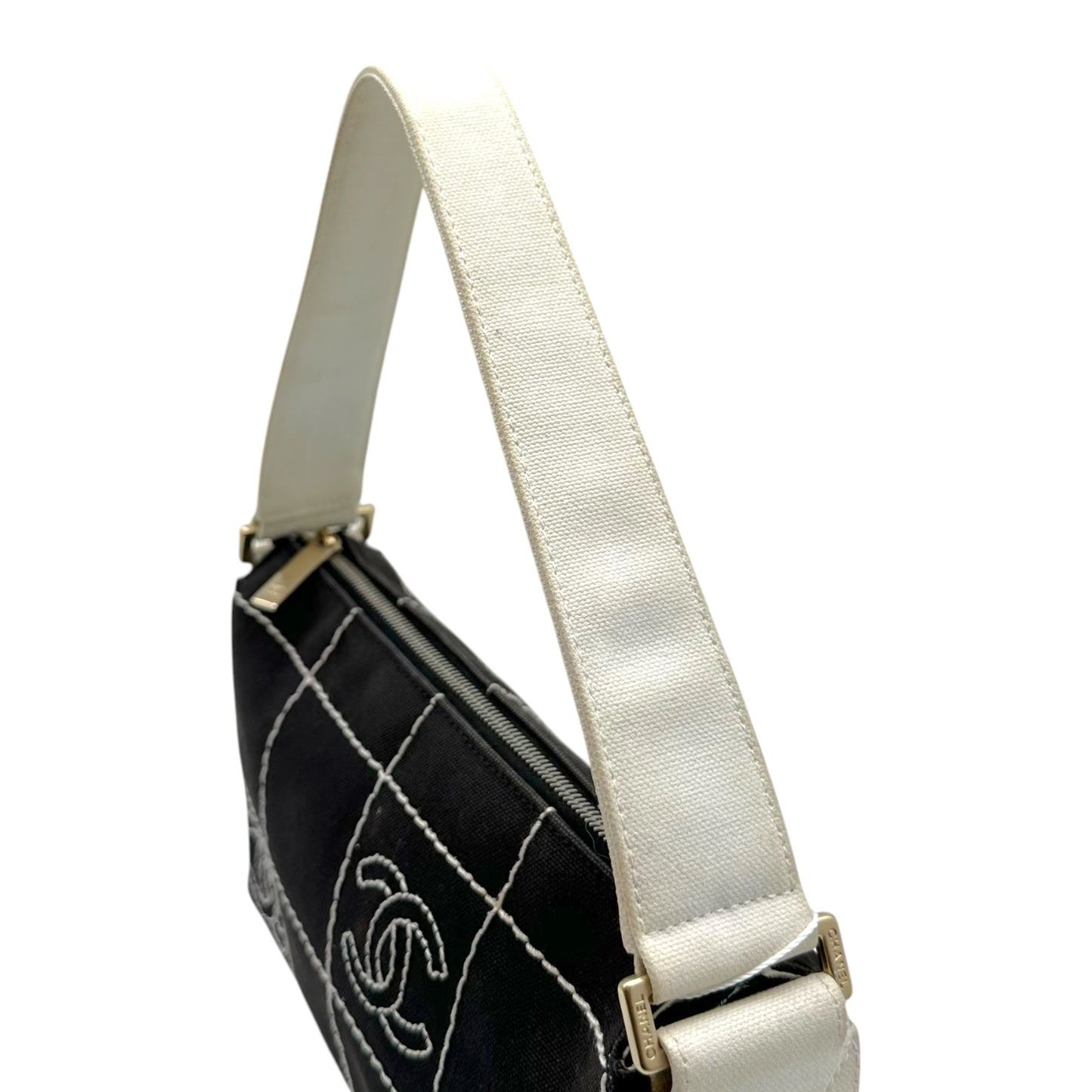 Chanel Canvas Shoulder Bag Gray White Chocolate Bar CC Logo