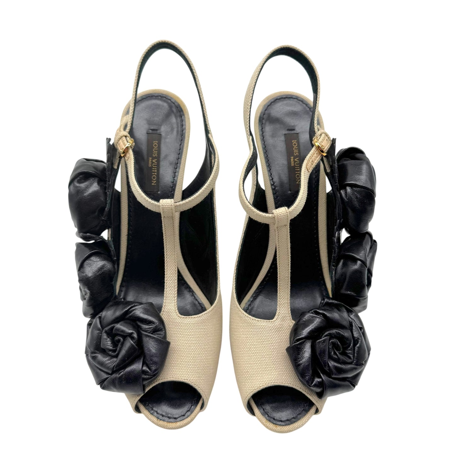 Louis Vuitton Beige Canvas & Black Leather Wooden Platform Heeled Sandals