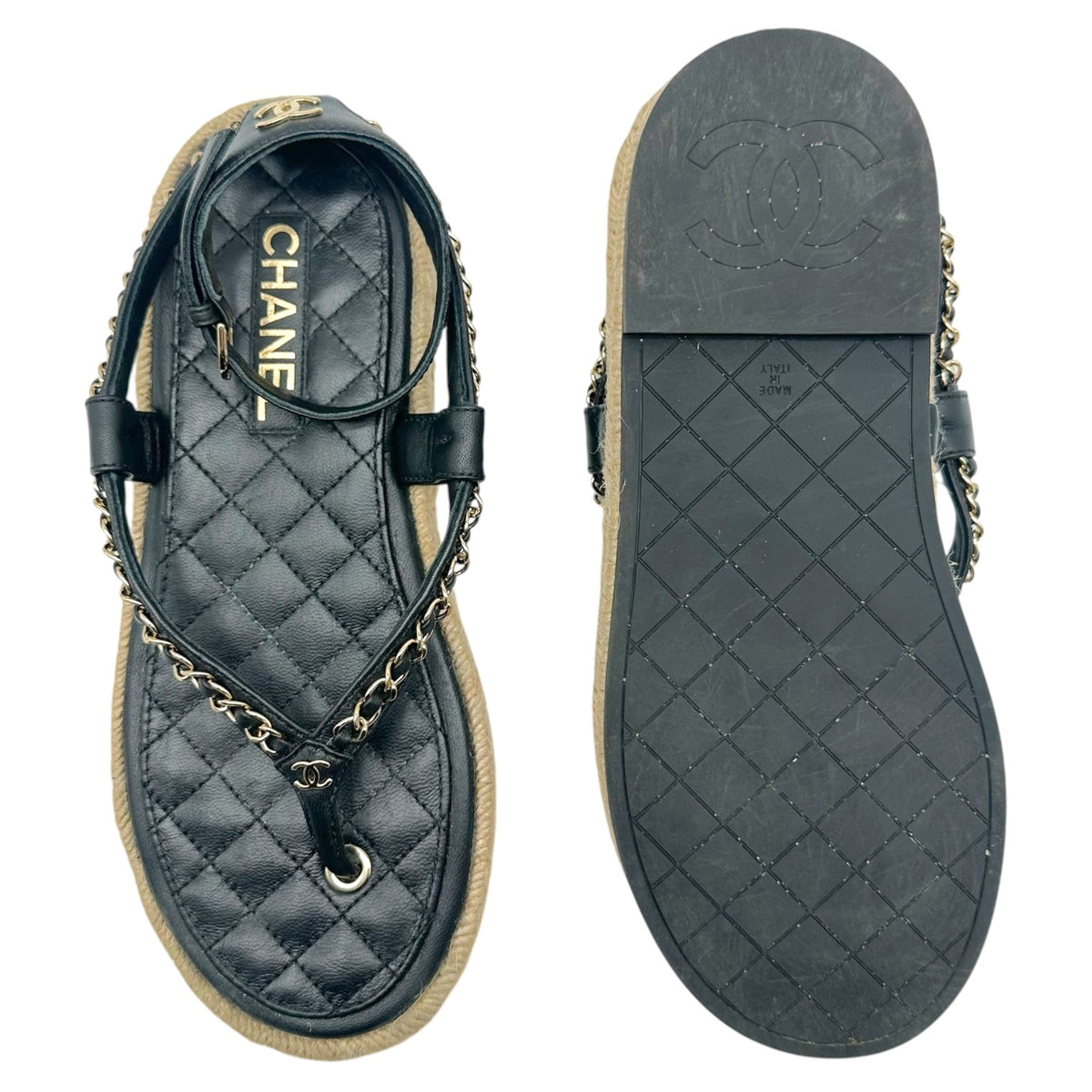 Chanel Black Leather & Jute Gold Chain Thong Flat Sandals